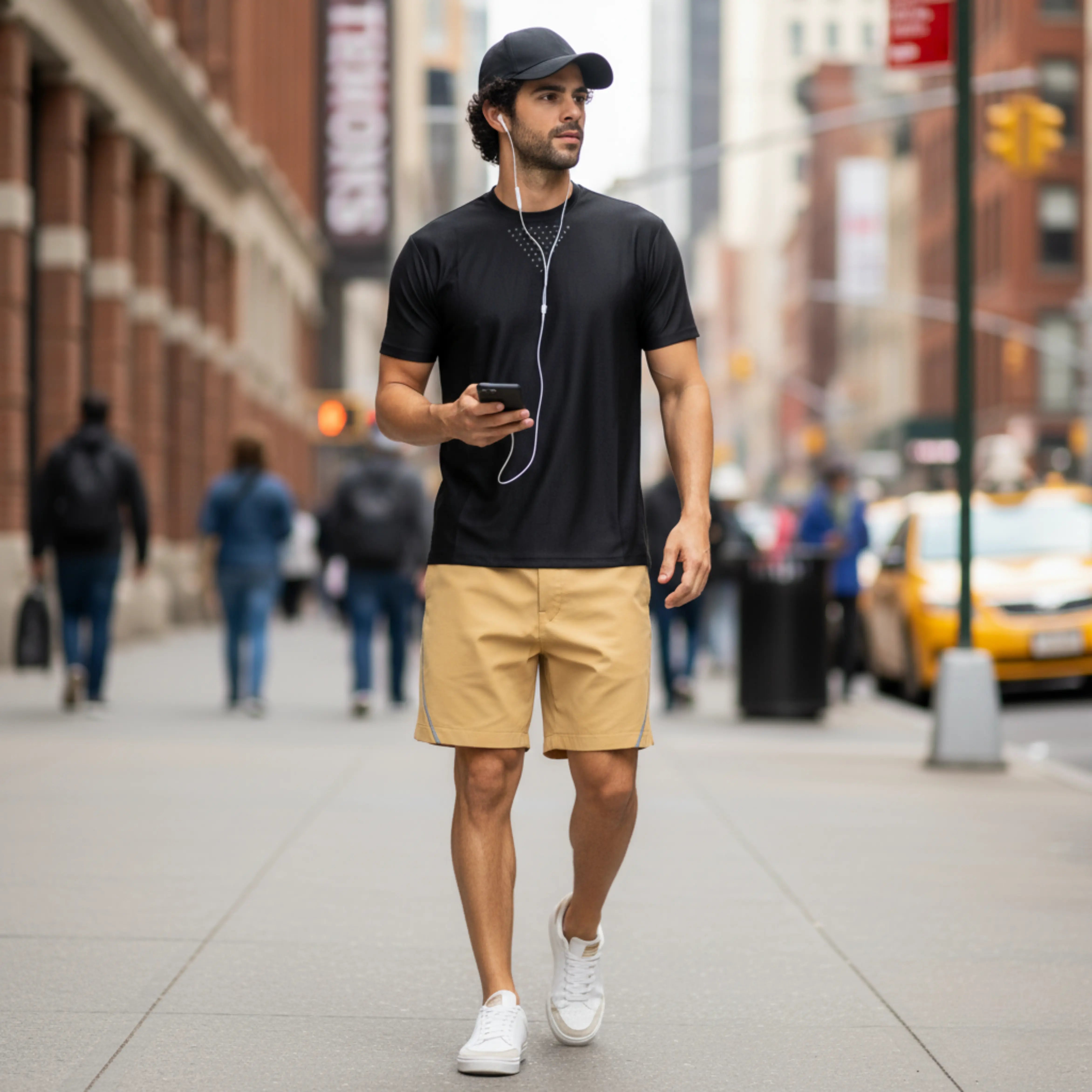 Man walking on a city street wearing a Xalt Life black gym wear t-shirt, beige shorts, and white sneakers.