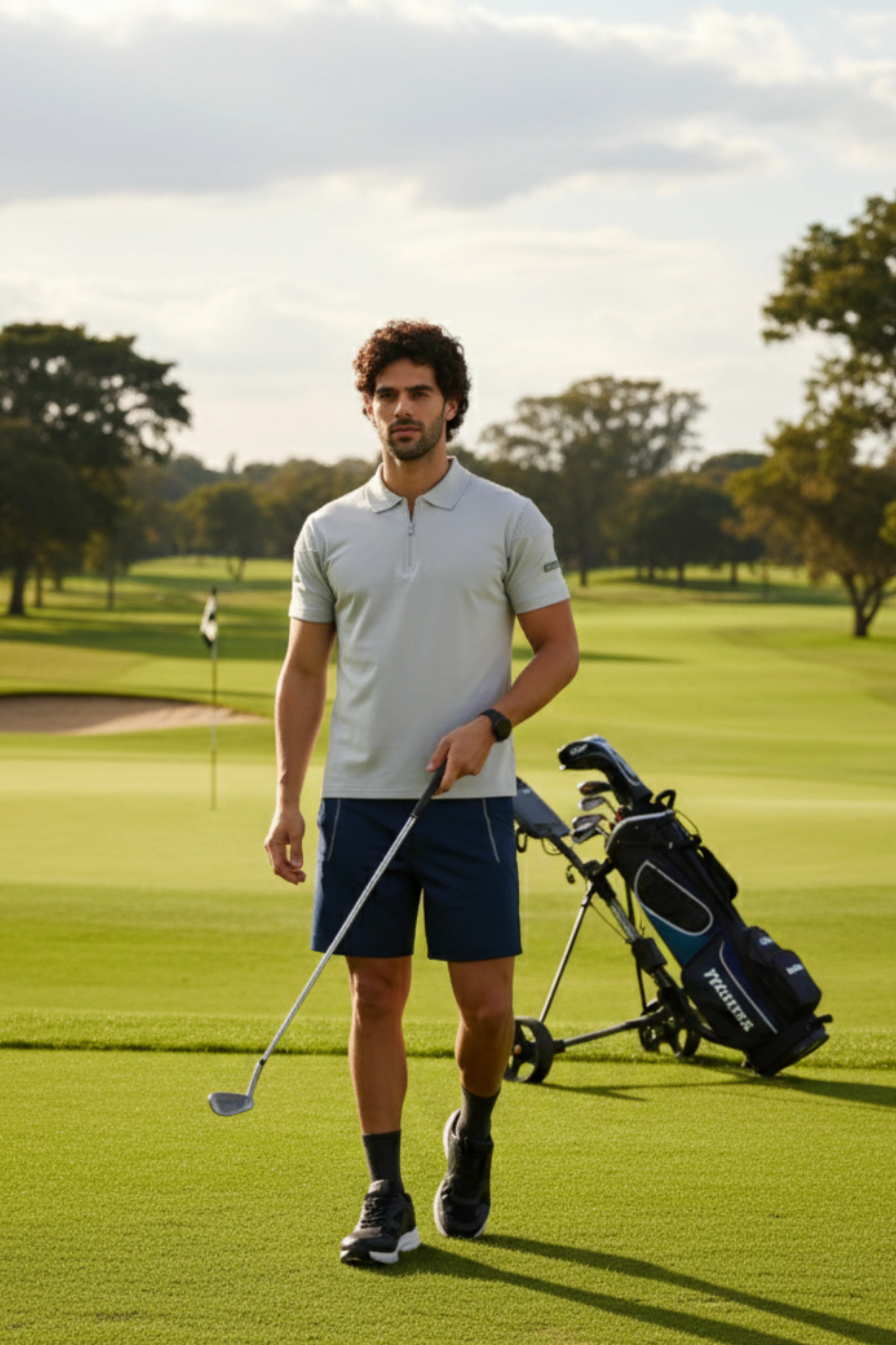 A man wearing polo T-shirt on a golf course